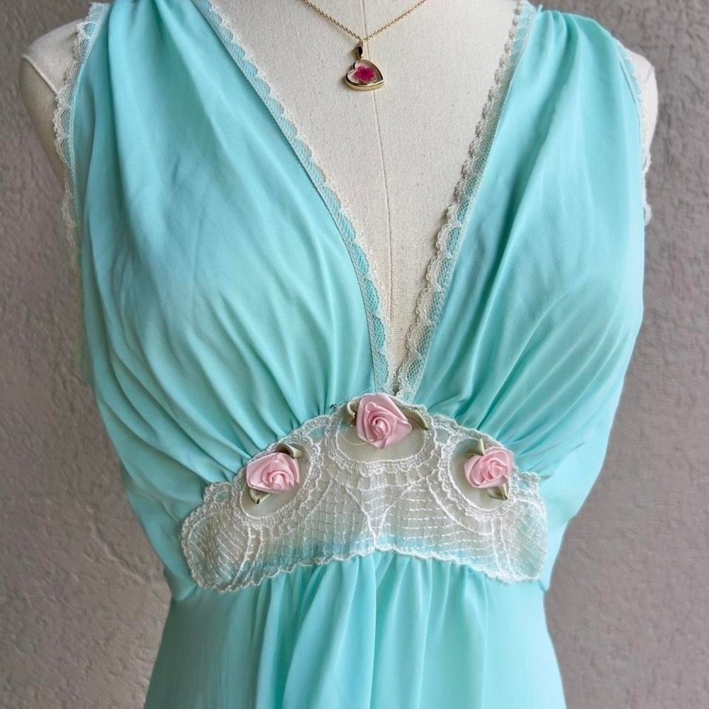 Vintage Aqua Blue Maxi Nightgown Slip Dress Lingerie w/ Sheer Lace Fits Medium - Picture 3 of 8